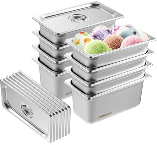VEVOR Gastronormbehälter, Edelstahl Behälter 8 Stk. 328 x 178 x 148 mm Speisebehälter mit Deckel, kommerzieller Warmhaltebehälter 5,93 L Tiefe für Speisen, Hotelpfanne Tisch Food Pan 1/3-Größe