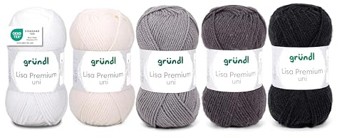 Gründl Lisa Premium Uni - Ovillo de lana para tejer (5 x 50 g, 100% poliacrílico, muy suave y fácil de cuidar), color blanco, gris y negro