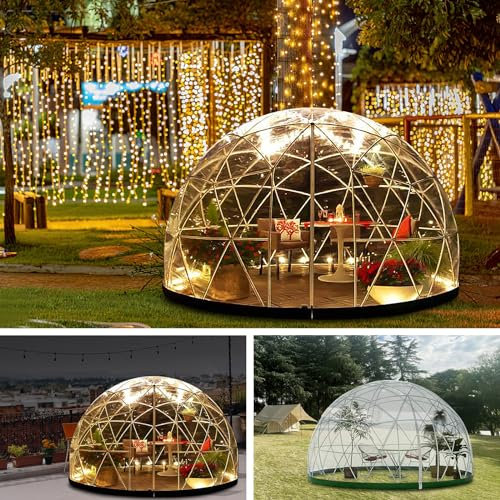 2.9 x 1.8m Gewächshaus Gartenkuppel Iglu, PVC Blasenzelt für 2-4 Per, Gartenblasenzelt mit 2x10m Lichterketten, Durchsichtiges Kuppelzelt für Hinterhof, Weihnachten, Party
