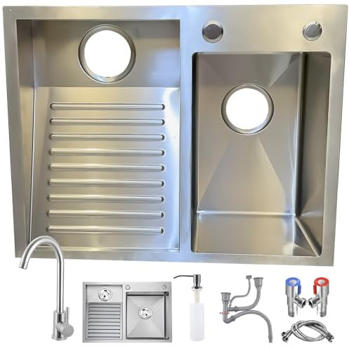 DSMRLEOP Grand lavabo – Lavabo en acier inoxydable SUS 304 de qualité supérieure, avec robinet et double évier pour cuisine, salle de bain, buanderie et balcon – Durable, facile à nettoyer