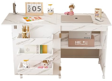 BKNROIHB 4-in-1 Folding Sewing Table with Lockable Wheels – Multi-Functional Craft Station, End Table, Computer Desk & Kitchen Storage with Shelves, White Rolling Sewing Machine Table for Apartments