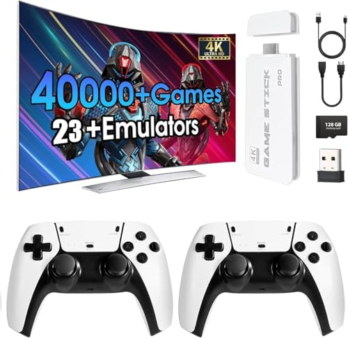 WUYJTIF Console per videogiochi retrò, oltre 40.000 giochi e 23 emulatori, con doppio controller wireless 2.4G, Plug and Play 4K HD HDMI TV Game Stick bianco (128 GB)