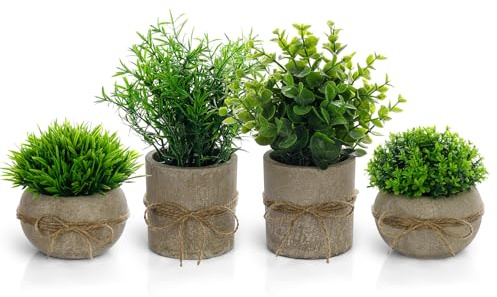 Vicloon Planta Artificial Pequeña,4 Piezas Decorativas en Maceta de Eucalipto de Plástico con Macetas,Plantas Artificiales Decorativas en Maceta para Cocina,Salón,Oficina Mesa,Decoracion