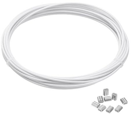 PATIKIL Cable De Acero Inoxidable 304 De 1/16 Con Revestimiento De Vinilo Blanco Y 10 Piezas De Manguitos De Crimpado Para Colgar Luces Cuerdas De Tendedero Enrejado Blanco
