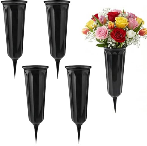 4 vasi per tombe con punte, vasi commemorativi in plastica resistente, per cimitero, fiori freschi o artificiali, per lapidi, lapidi
