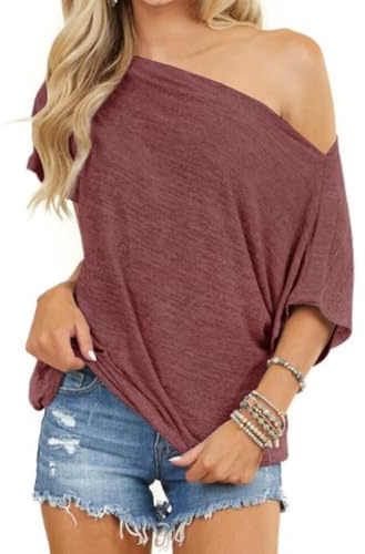 LACOZY Womens Off Shoulder Tops Summer Sexy Batwing Sleeve Loose T-Shirts Casual Oversized Blouse Tunic