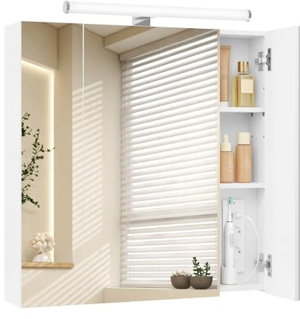 EUGAD Spiegelschrank, Badspiegelschrank mit LED-Beleuchtung, Hängeschrank mit Steckdosen, Spiegelschrank mit 3 Spiegeltüren, 70 x 70 x 16 cm, Weiß
