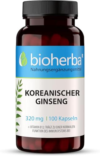 Koreanischer Ginseng Kapseln – 100 Stück, hochdosiert mit 960 mg Tagesdosis, Vitamin B6 und reinem Panax Ginseng-Extrakt von BIOHERBA PZN 18215310