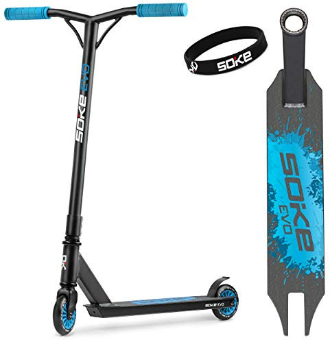 SOKE Evo Stunt Scooter für Extreme Skateparkfahrten – ABEC-9 Carbonlager aus verchromtem Stahl – PU-Räder 88A – Y-Bar-Lenker mit TPR-Griffen – Aluminium-Deck blau