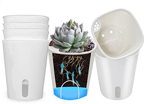 SYITCUN 7.5cm Sukkulenten Töpfe mit Bewässerungssystem,10er Set Plastik Kaktus Pflanze Töpfe Mini Blumentöpfe mit Dochtsystem,Kleine Blumentöpfe für Zimmerpflanzen Runde Weiß