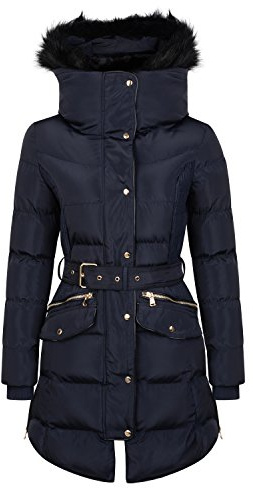 Charcoal Fashion Abrigo acolchado con cinturón para mujer con piel de capucha negra (CFW2118-GLANCY), azul marino, 38