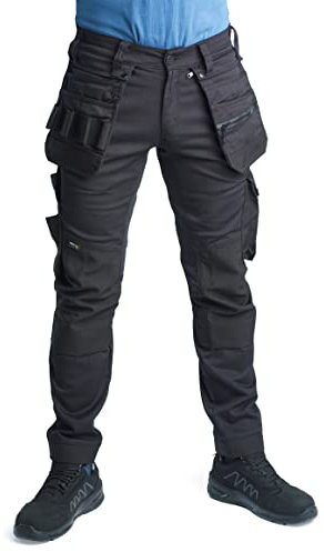 Bitco BTC16B Stretch Full Black Arbeitshose Cordura verstärkte Wasser- und ölabweisende Baumwolle Polyester Elastan Flexible Utility-Taschen Knietaschen Handytasche