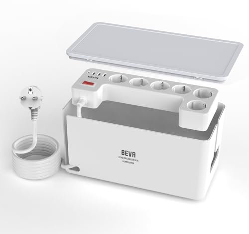 Kabelbox mit Verdeckte Steckdosenleiste 3680W/16A + 1050J Überspannungsschutz + 2M Kabel, BEVA Integrierte Mehrfachsteckdose 6 Steckdosen+3 USB-A+ 1 USB-C (15W) mit Schalter, Mehrfachstecker Weiß