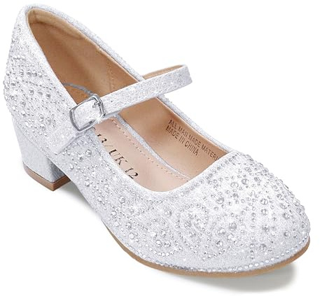 Girls Dress Shoes Mary Jane Shoes for Girls Sparkle Low Heel Hook and Loop Flats for School Wedding Party White US 3