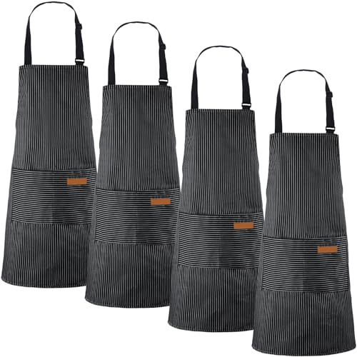 Handepo 4 Pcs Kitchen Aprons with Pockets Adjustable Waterproof Cotton Aprons Striped Apron for Women Men Chef Mother Gift(Narrow Stripes,Black)