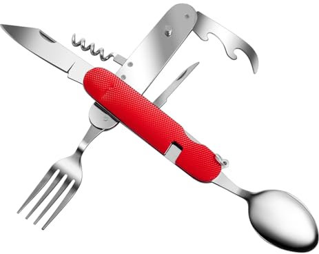 ZIMAIC 6 in 1 Edelstahl Klapp besteck Camping besteck Set Outdoor Reise Besteck Kit Abnehmbare Geschirr Bewerben auf Wandern Reise Picknick Campen Festival (Rot)