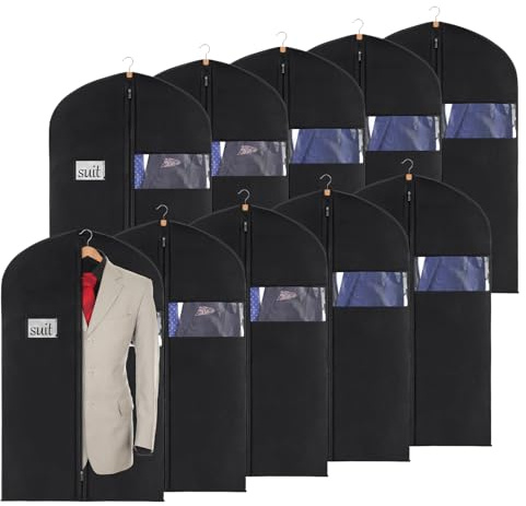 KEEGH 40 Suit Cover Bags for Men (Set of 10) Garment Bags for Hanging Clothes, Suit Bags for Closet Storage or Travel, Clothes Cover for Suits Coats with Clear Window and Label Pocket, Black