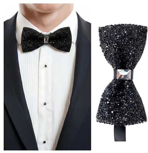 Farfallini con strass per uomo, con nodo già pronto, regolabili in lunghezza, per matrimonio e banchetti (Nero)
