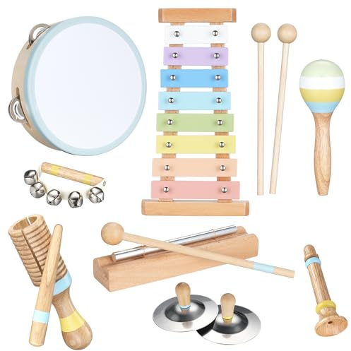 POGOLAB Musikinstrumente Kinder ab 3 Jahre, Montessori Musikalische Spielzeuge für Babies mit Xylophon Kinder/Tamburin/Maracas, Baby Musikspielzeug Kindergeschenke ab 3 4 5 Jahre
