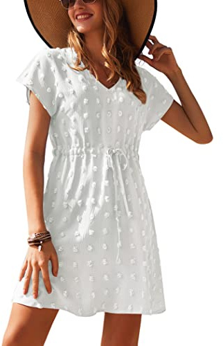 Ekouaer Strandöverdrag Dam Strandklänning Kort Klänning Sommar Bikini Cover Up V-ringning Kortärmad Casual Klänning S-XXL, Vit, XL