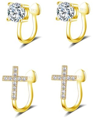 Hinvan 2 Paires Boucles d'oreilles Clip pour Femme Fille Homme, Boucles d'oreilles Homme Non Percées, Croix Boucles d oreilles Clip Or avec Oxyde de Zirconium Diamant