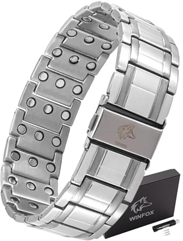 Bracelet Magnetique Homme PREMIUM, Titane, Le Plus Puissant du marché, Bijou Aimanté Inoxydable, Ultra Résistant, 60 Aimants en Néodyme de Terre Rare, Outil de Dimensionnement, WINFOX777 (argent)