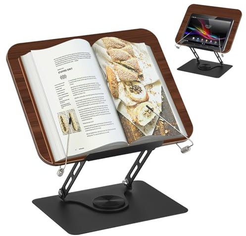 Leggio in legno regolabile, girevole a 360°, con clip laterale, pieghevole e portatile, elegante espositore per libri di cucina, ricette, tablet, laptop, rivista, ufficio e cucina