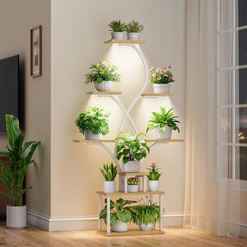 BACEKOLL Pflanzenregal mit Wachstumslicht - 8 Ebenen Blumenregal 158cm Metall Holz Pflanzenständer - Innen & Außen Blumentreppe - Dekoratives Blumenständer für Innenbereich Garten Balkon (Weiß)