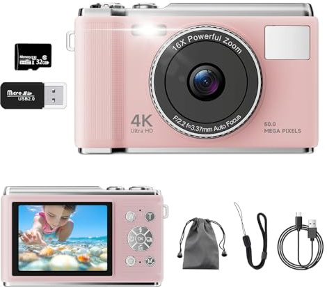 Appareil photo numérique, UHD 4K 50MP Autofocus Vlogging avec carte SD de 32 Go, anti-secousses, écran LED de 2,83, zoom 16x, grande batterie rechargeable, appareil photo numérique compact pour