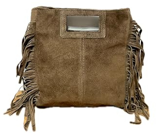 MINNI MOON, Bolso de Hombro con flecos para Mujer, Bandolera con Flecos27x25x7 cm, Bolso con flecos Piel Serraje, Cierre de Cremallera (Beige)