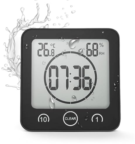 Peelanmall badrumsklocka, badkarstimer med hygrometer och termometer, LED-skärm, IP25 vattentät, digital badrumsklocka, nedräkningstimer för dusch, kök, familjevardag (svart)