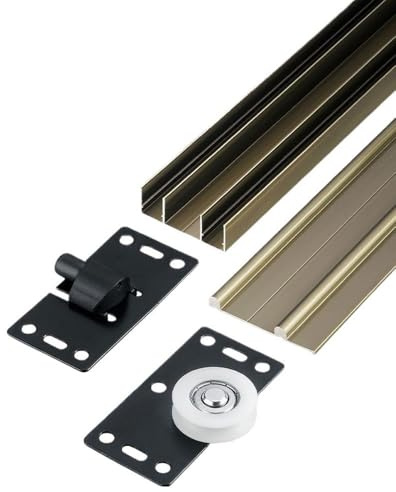 Kit de Carril Corredero, Sistema de 3 Rieles para Puertas de Armario, Hardware de Instalación Fácil sin Ranura(130cm)