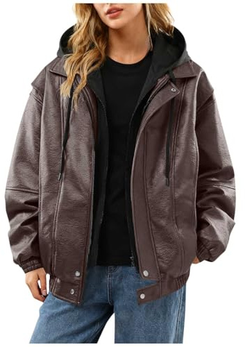 Chaquetas de Manga Larga, con Cremallera Moda para Motocicleta, Ropa de Otoño e Invierno Chaqueta de Cuero Oversize para Mujer Chaquetas Sintético con Capucha PU Chaqueta Cuero Mujer, con Bolsillos