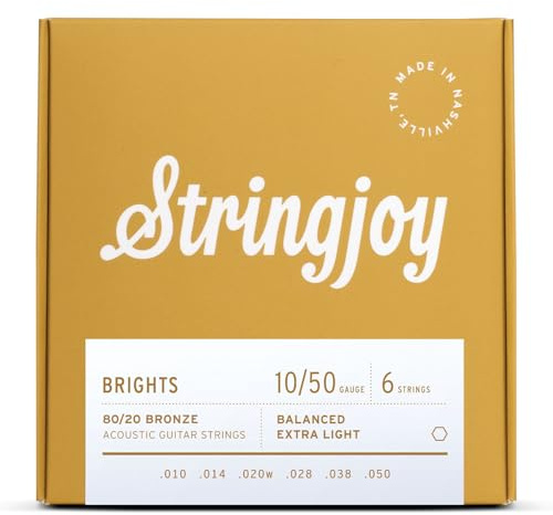 Stringjoy BB1050 Brights 80/20 Bronze Acoustic Guitar Strings, (Extra Light Gauge - 10-50)