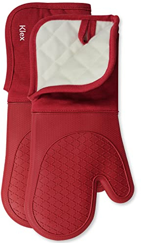 Klex Extra Long Silicone Oven Mitts, 932°F Degrees Heat Resistance with Quilted Cotton Liner Oven Gloves, 2 Piece Set, 15 inch, Red