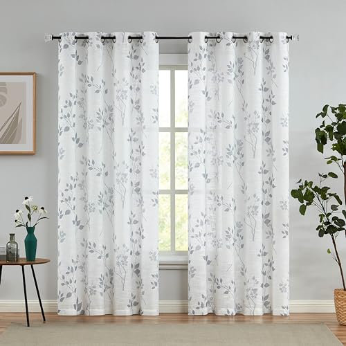 Beauoop Grey Semi Sheer Floral Curtains for Living Room Bedroom 72 Inch Drop Linen Textured Farmhouse Curtains Leaf Printed Eyelet Rustic Drapes Window Treatment Set 2 Panels
