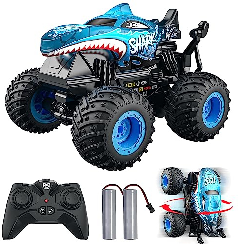 ACAMMZAR Coche Teledirigido, Monster Truck Radiocontrol, 2.4GHz 20+Km/h RC Stunt Coche, Crawler Camiones con Luz Led y Música,de Juguete para niños de 4 6 8 9 12 años Adulto, Azul
