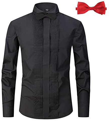 ATOFY Camicia da Smoking da Uomo con Polsini francesi Piega Frontale Slim Fit Button Down Camicia con 2 Papillon, Nero, M