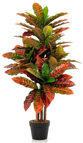TANGZON 3.3FT/100CM Artificial Croton Tree, 1/2 Pack Tall Fake Croton Palm Tree with Real Wood Trunks, 71 Colorful Variegated Leaves & Nursery Pot, Potted Faux Tree for Home Office Decoration (1)