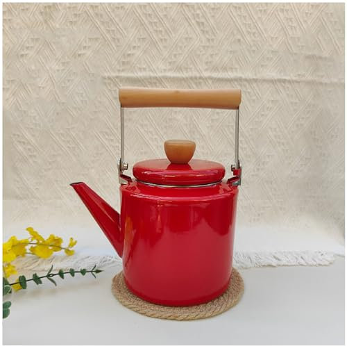 NISMIA Enamel kitchen teapot, vintage enamel teapot, stove kettle with wooden handle,red,2.4L