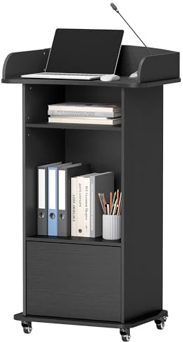Suuiwau Podium Stand Portable, Mobile Wood Pulpit Podium Hostess Stand Reception Desk with Adjustable Shelf and Lockable Wheels for Churches Conference School