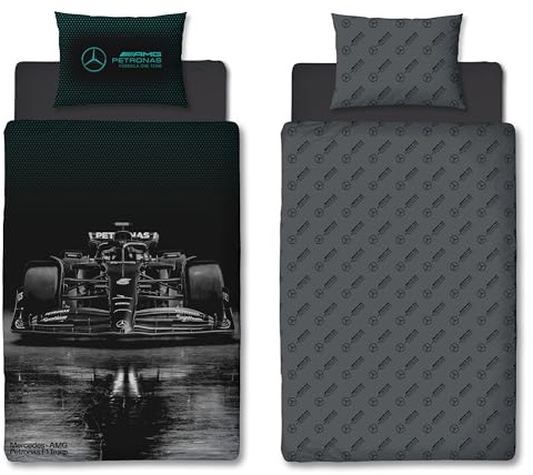 Character World Mercedes AMG Petronas officiellt påslakanset för enkelsängar, smygande design | svart vändbar 2-sidig formel 1 sängkläder överdrag officiella varor inklusive matchande örngott
