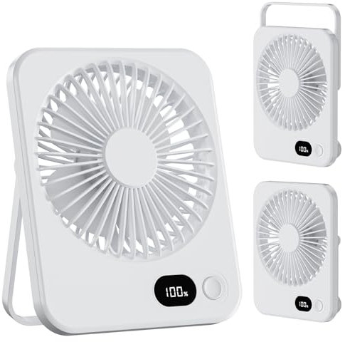LuJasi Klein Tischventilator USB Leise Ventilator Akku 3600mAh 5 Geschwindigkeiten 180°Einstellbar Tragbarer LED Anzeige Fan Für Büro, Bibliothek, Reise Weiß
