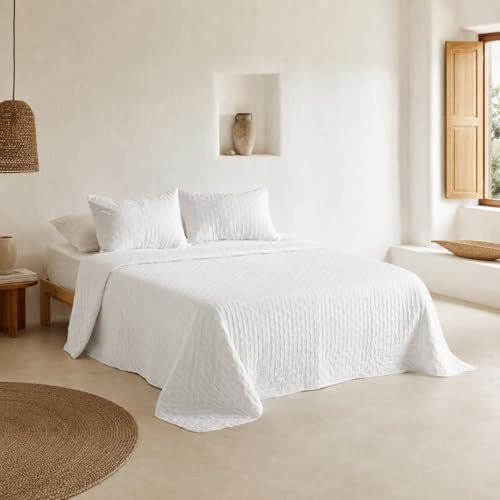 GAMUSI Couverture Lit 105 cm Légère Demi-saison Printemps Été Rembourrée, 200x270 cm, Couleur Blanc