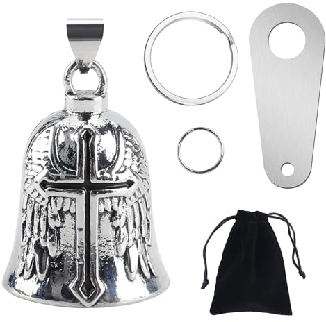 Guardian Bell - Campana para motocicleta, amuleto de la suerte con soporte de montaje, 2 llaveros, anillos y bolsa organizadora, accesorios de motocicleta para hombres y mujeres, protección de