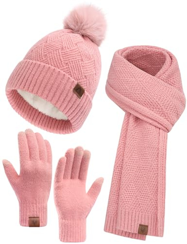 Voqeen Donna Set Cappello Sciarpa Guanti Invernale Termico Completo in Maglia 6 Pezzi Cappelli con Pompon in Pile Sciarpe Lunga Guanti Touchscreen Caldo Regalo