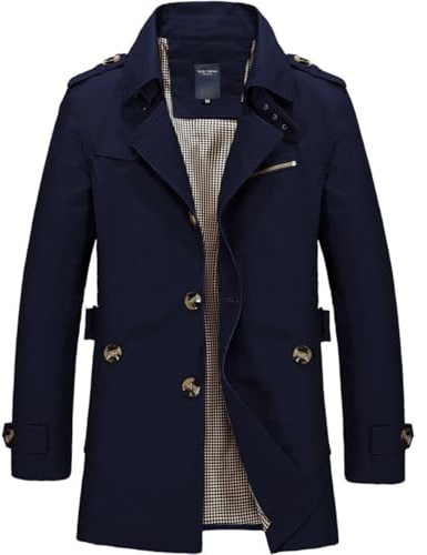 FM2018XSL Trench da Uomo Casual Lavoro Ufficio Giacca a Vento Antivento Cappotto Transizione Primaverile Autunno L Blu Scuro
