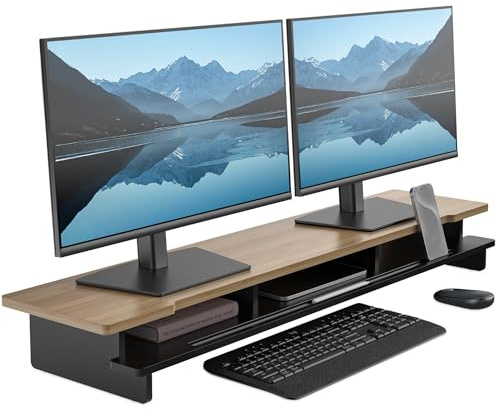 WELL WENG Monitorständer Dual-Monitorständer für Schreibtisch, Holzregal für Schreibtisch mit Aufbewahrungsorganizer und Halterung für Smartphone und Tablet (108 cm, schwarz und dunkles Bambus)