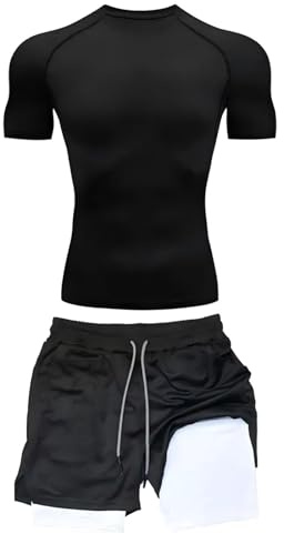 Duohropke Tuta da jogging da uomo con stampa Spider Print, maglietta a compressione e fodera a compressione, 2 in 1, set da due pezzi, ad asciugatura rapida, per palestra, corsa, allenamento