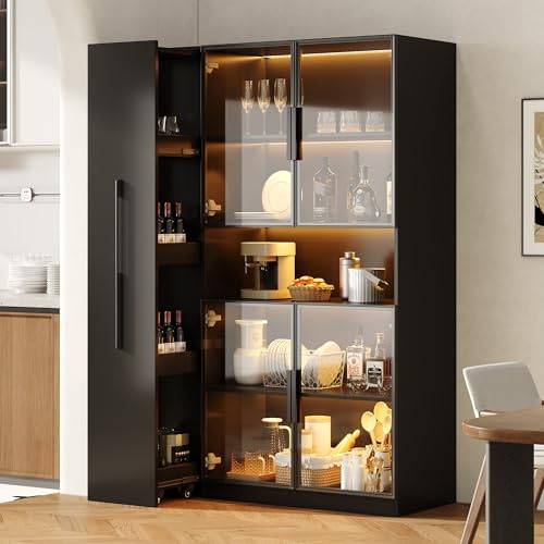 FAYICIC Multifunzionale Armadio 110×30×160 cm - Vetrinetta con Porta in Vetro e LED, Estrazione Laterale, Armadio a Ruote e Nero, Mobile Alto, Libreria, Armadio per Bagno, Credenza per (U)